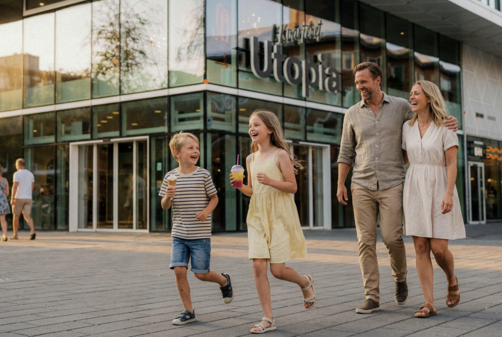 Familj med två barn går utanför Kvarteret Utopia, barnen håller glass och dryck