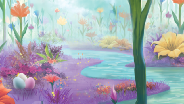 Illustration av Musse och Helium i färgstark skogsmiljö – digital påskjakt i Umeå centrum.