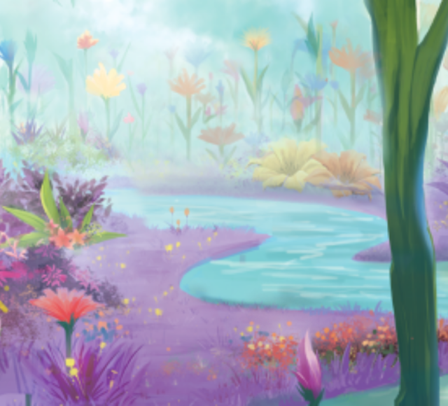 Illustration av Musse och Helium i färgstark skogsmiljö – digital påskjakt i Umeå centrum.