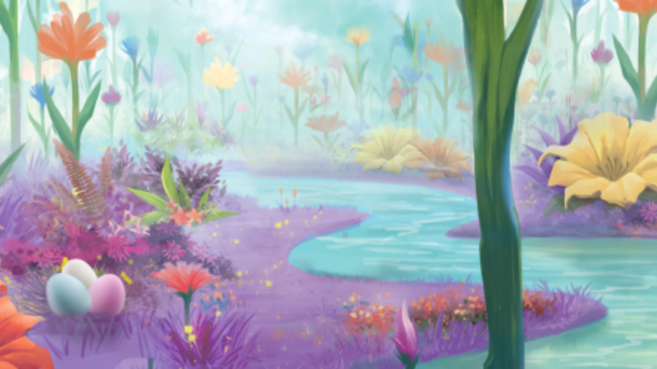 Illustration av Musse och Helium i färgstark skogsmiljö – digital påskjakt i Umeå centrum.