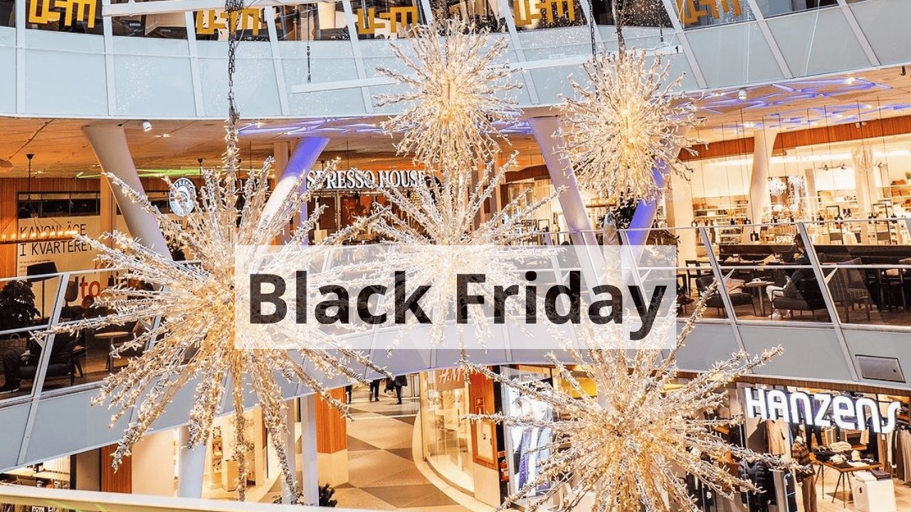 Glittrande dekorationer och butiker på kvarteret Utopia under Black Friday, en dag fylld med shopping och erbjudanden.