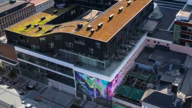 Drönarbild över kvarteret Utopia med muralmålningen på Vasagatan i Umeå.