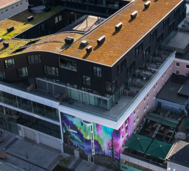 Drönarbild över kvarteret Utopia med muralmålningen på Vasagatan i Umeå.
